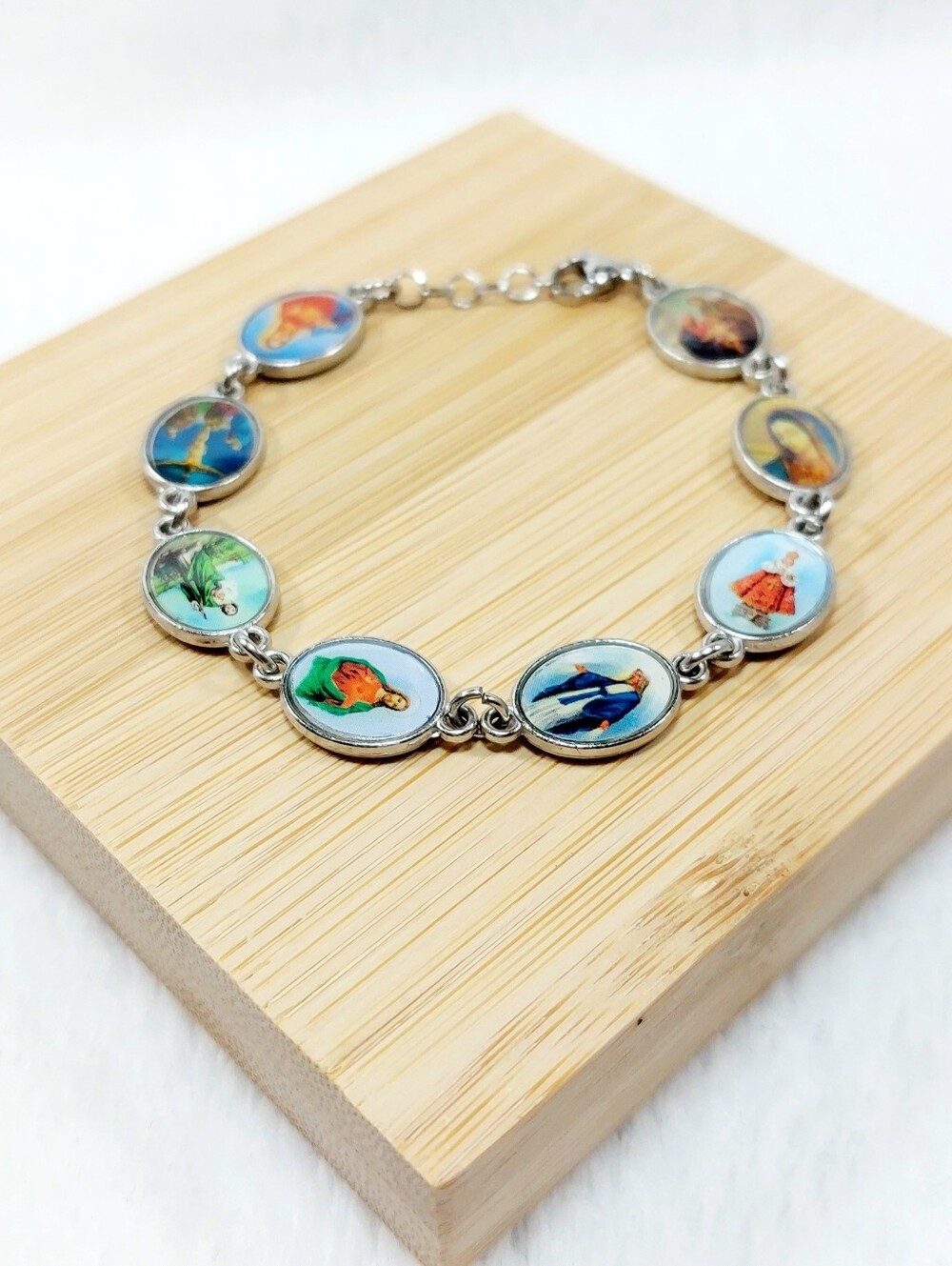 Religious Medal Link Bracelet in Silver Tone with Colorful Devotional Images